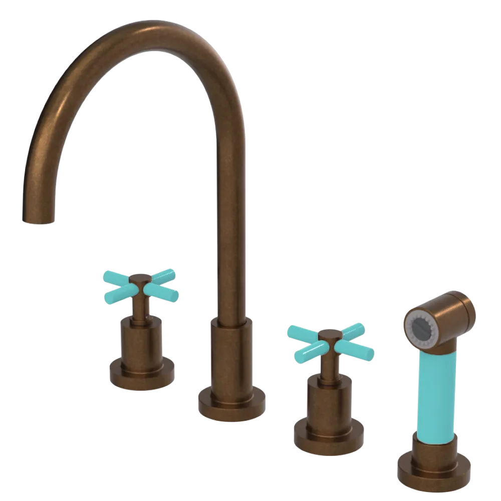 Rubinet Widespread Kitchen Set with LaSalle Spout with Hand Spray Tuscan Brass