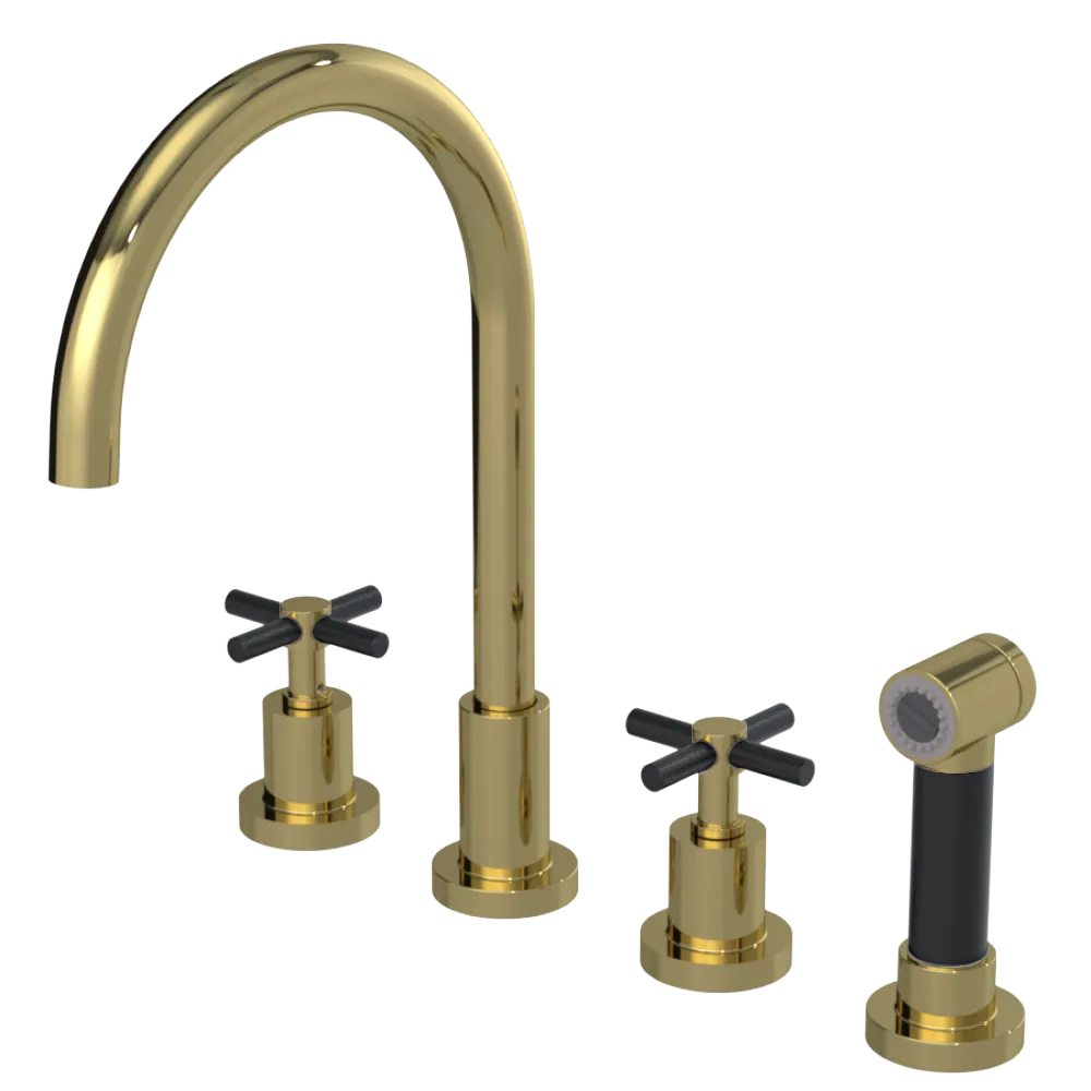Rubinet Widespread Kitchen Set with LaSalle Spout with Hand Spray Natural Brass
