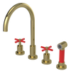 Rubinet Widespread Kitchen Set with LaSalle Spout with Hand Spray Natural Brass