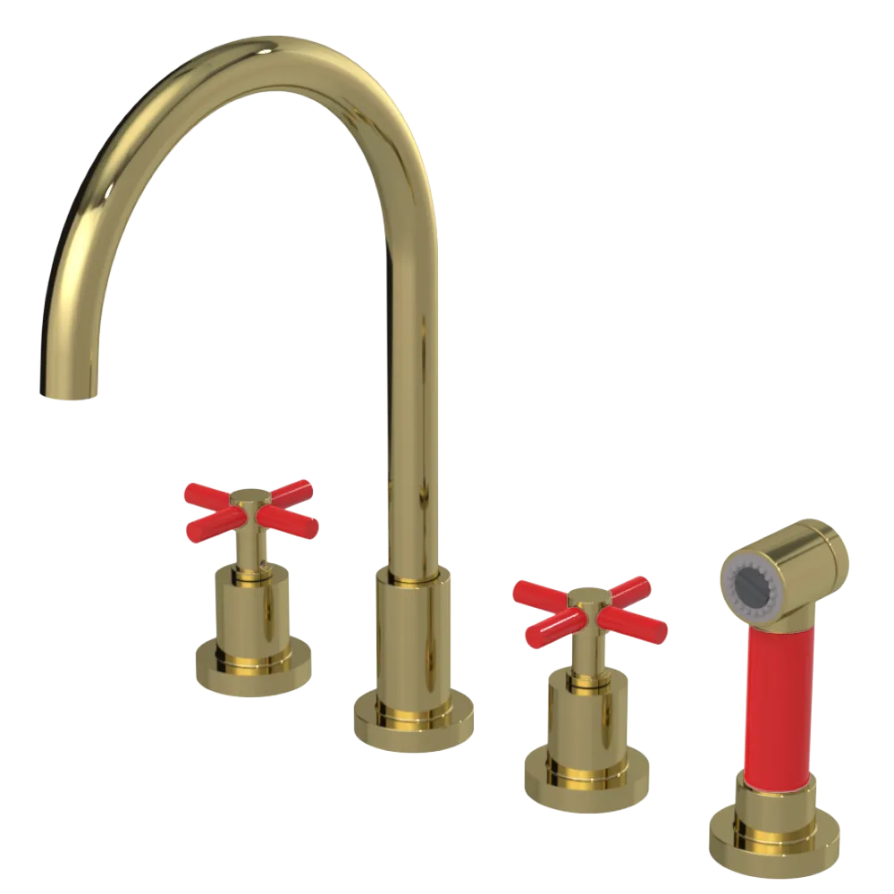 Rubinet Widespread Kitchen Set with LaSalle Spout with Hand Spray Natural Brass