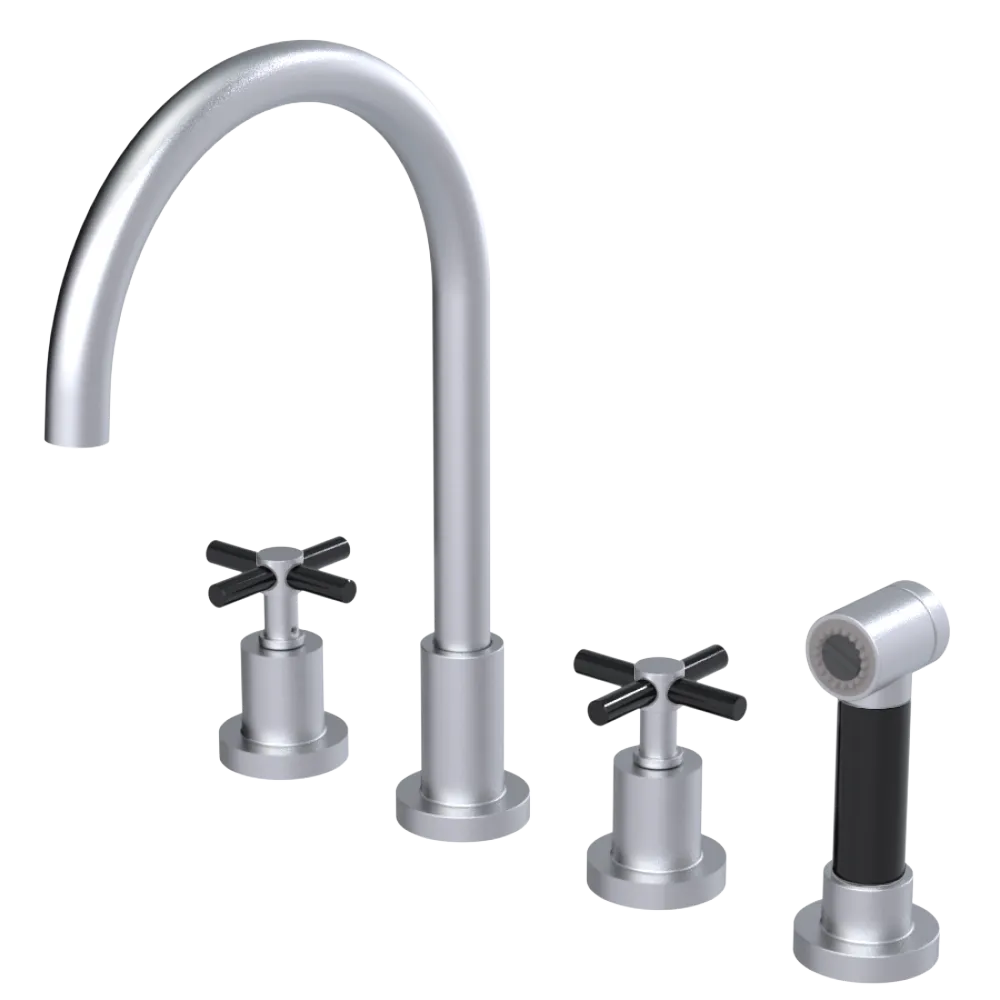 Rubinet Widespread Kitchen Set with LaSalle Spout with Hand Spray Satin Chrome