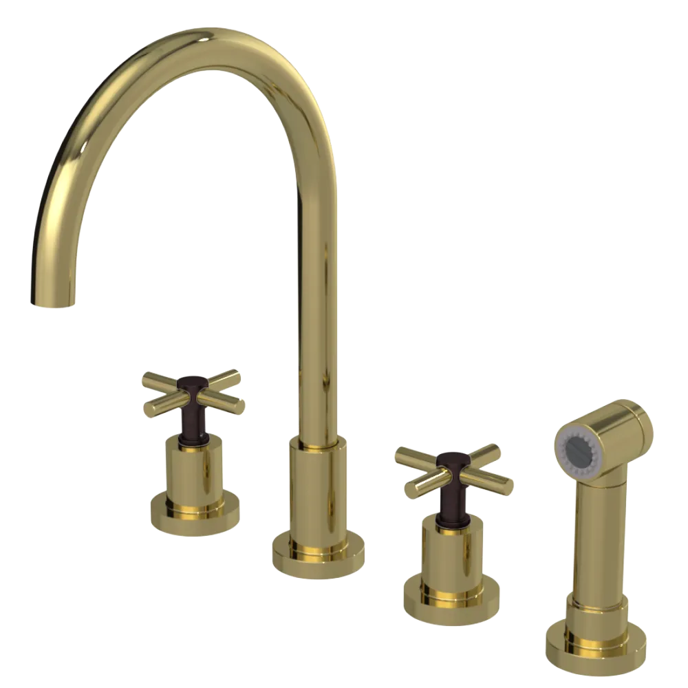 Rubinet Widespread Kitchen Set with LaSalle Spout with Hand Spray Natural Brass