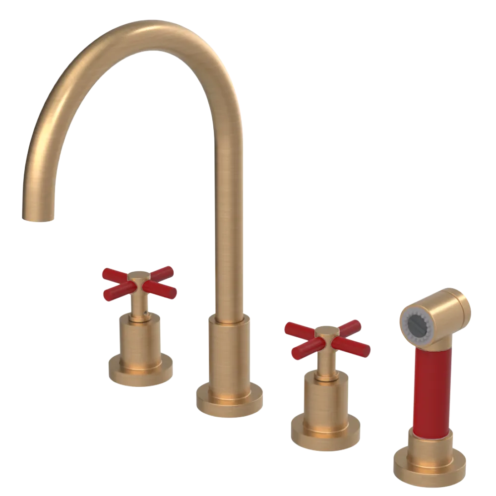 Rubinet Widespread Kitchen Set with LaSalle Spout with Hand Spray Satin Gold