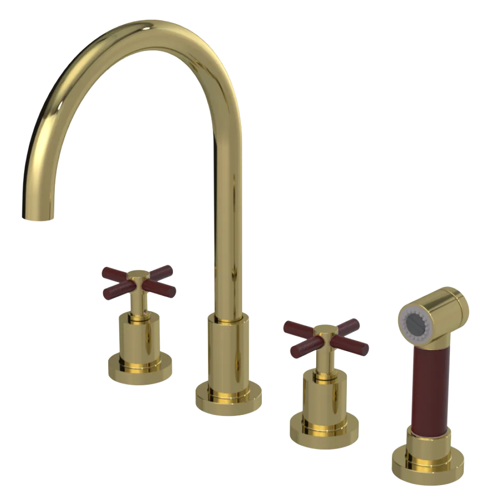 Rubinet Widespread Kitchen Set with LaSalle Spout with Hand Spray Natural Brass