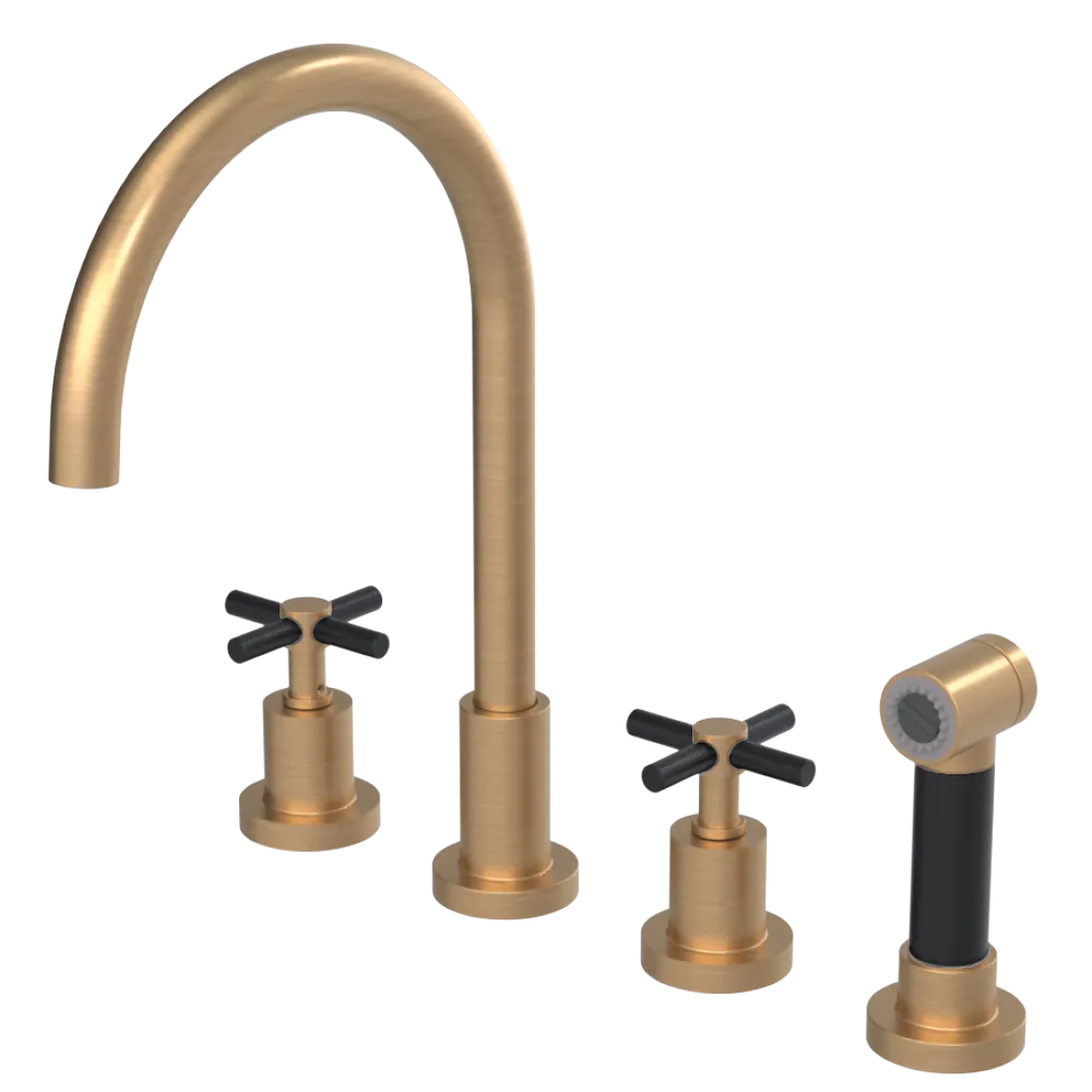 Rubinet Widespread Kitchen Set with LaSalle Spout with Hand Spray Satin Gold