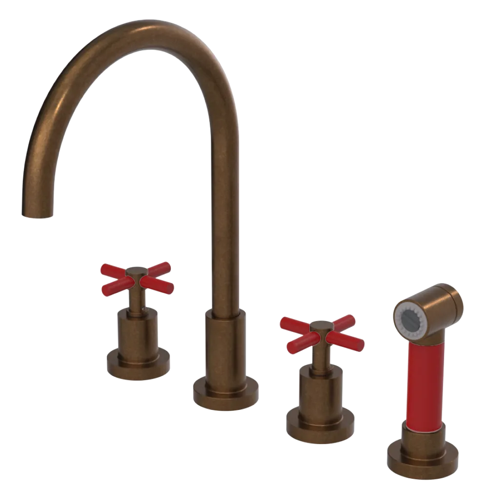 Rubinet Widespread Kitchen Set with LaSalle Spout with Hand Spray Tuscan Brass