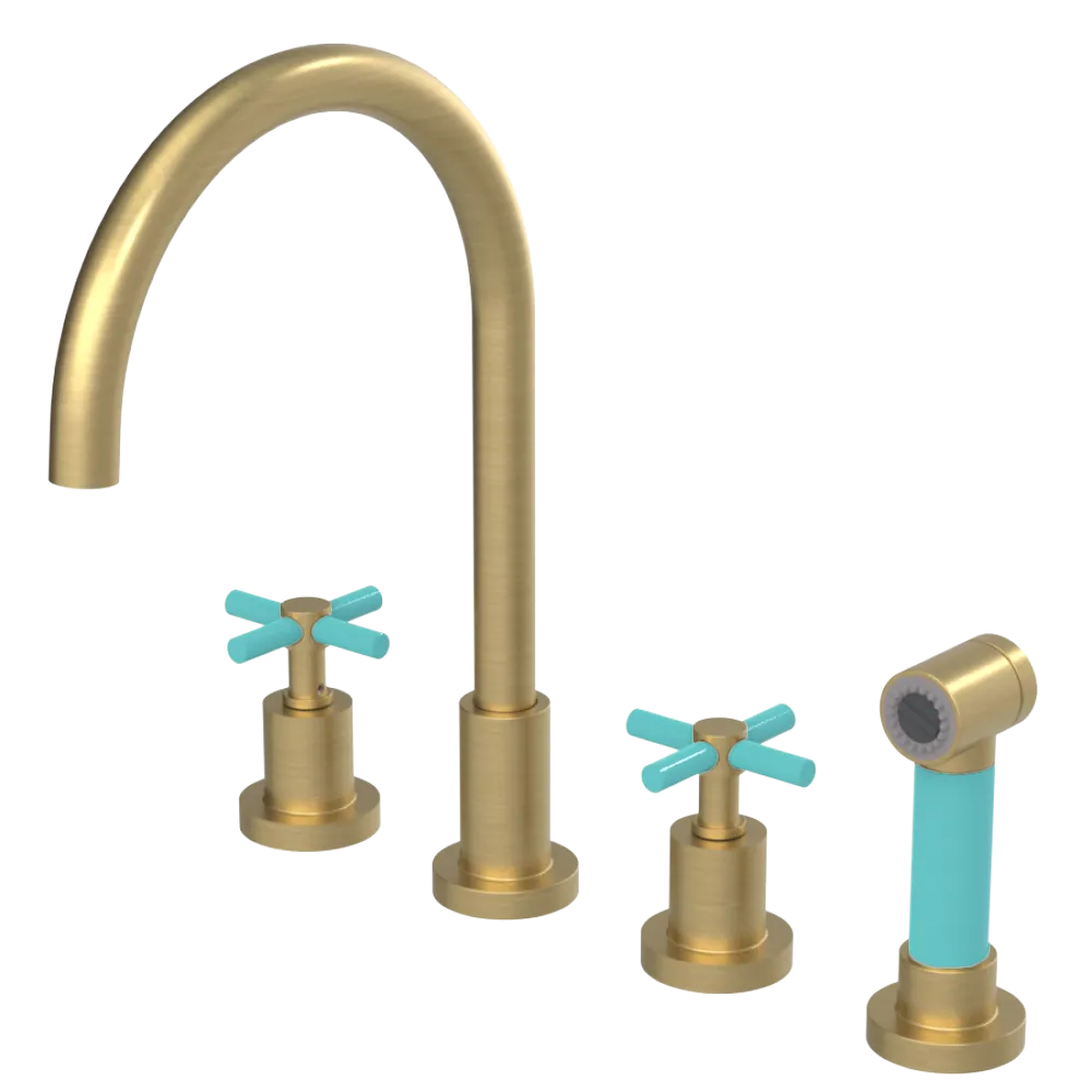 Rubinet Widespread Kitchen Set with LaSalle Spout with Hand Spray Satin Brass