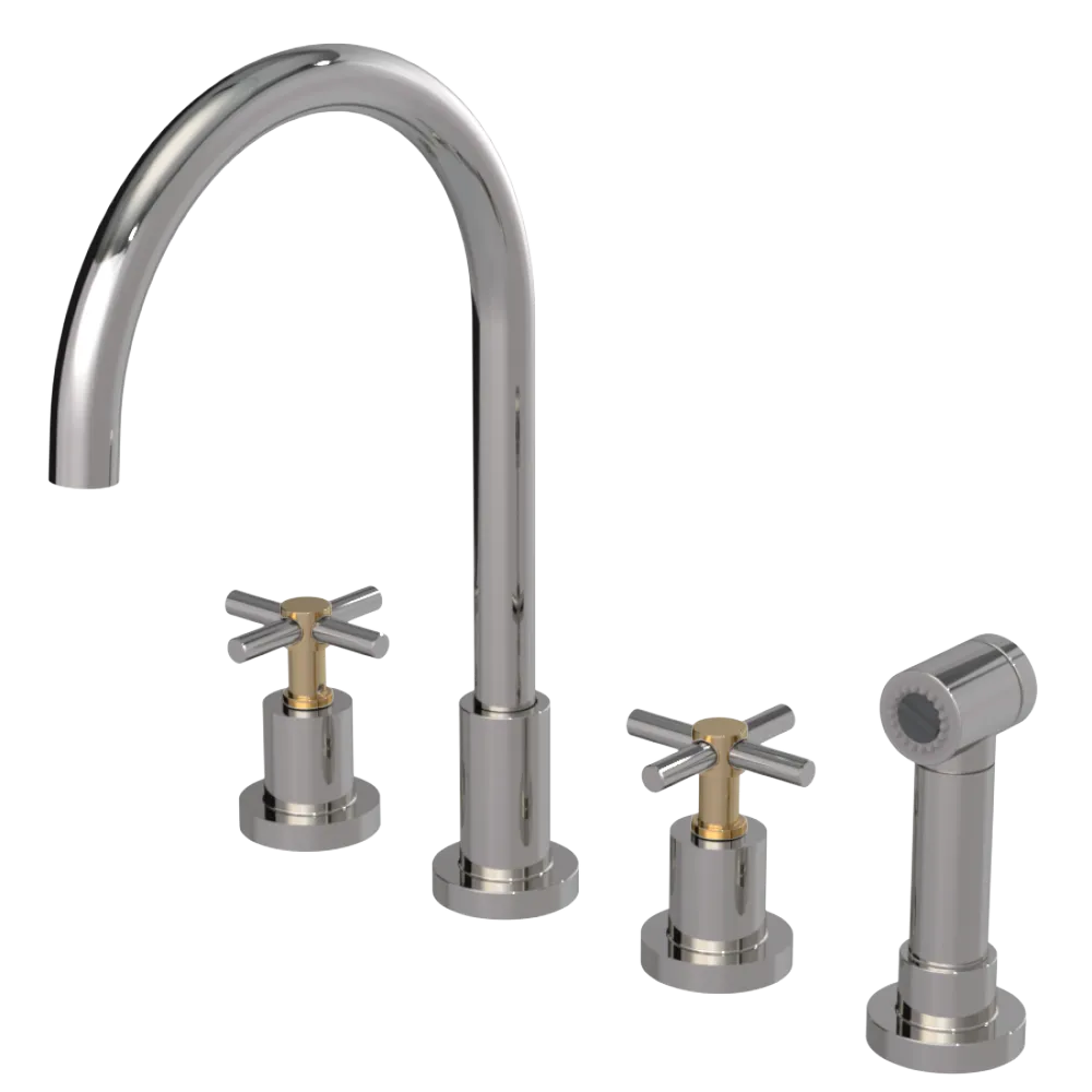 Rubinet Widespread Kitchen Set with LaSalle Spout with Hand Spray Polished Nickel