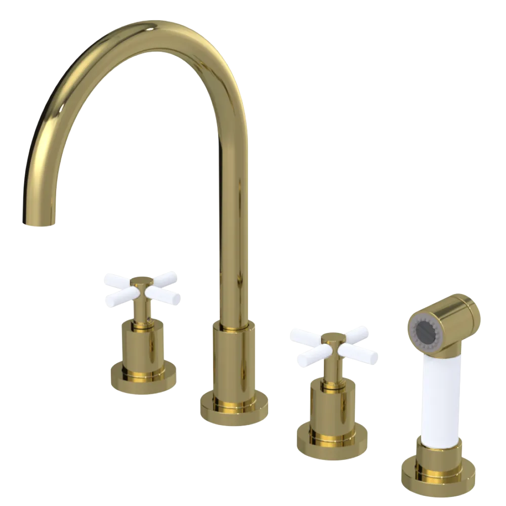 Rubinet Widespread Kitchen Set with LaSalle Spout with Hand Spray Natural Brass