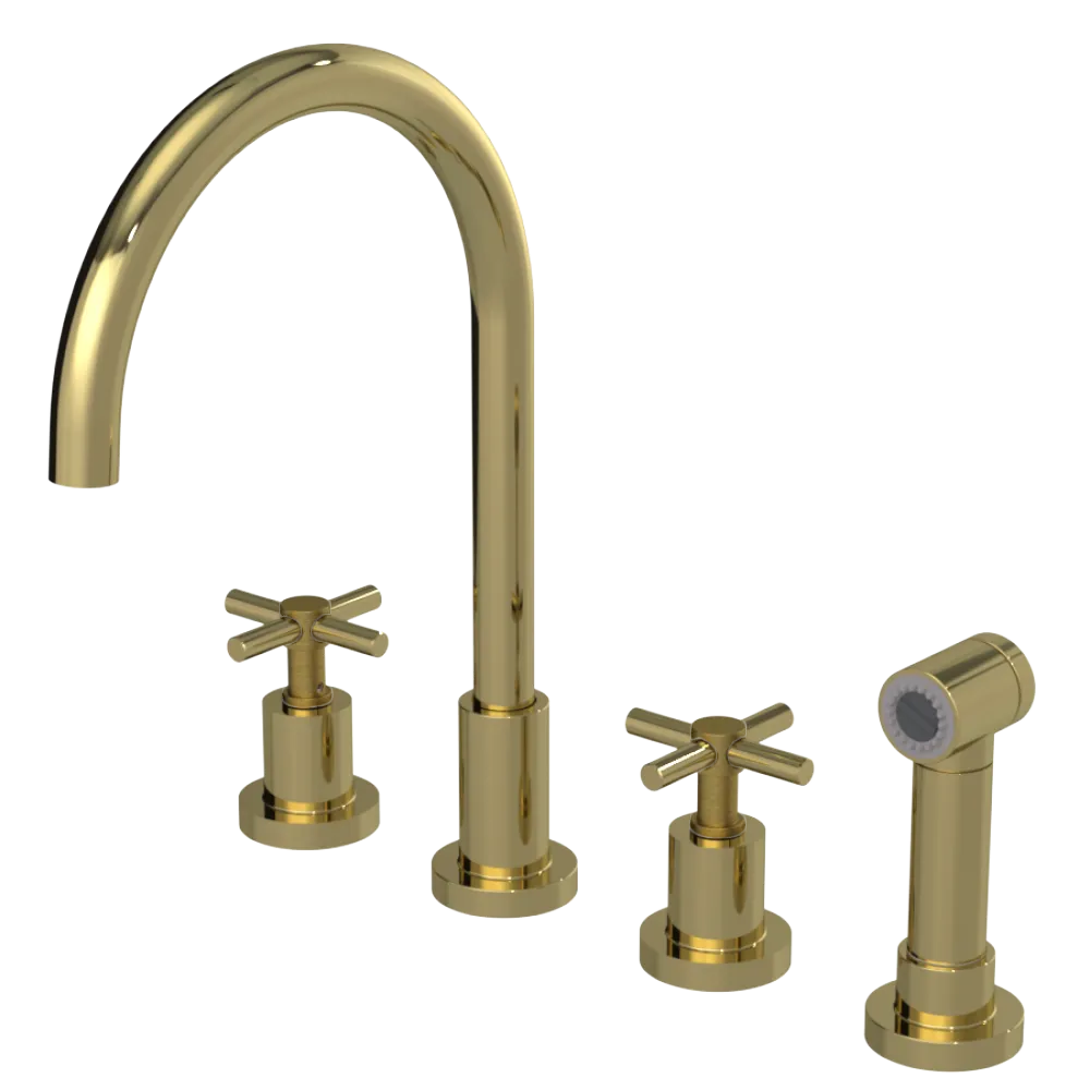 Rubinet Widespread Kitchen Set with LaSalle Spout with Hand Spray Natural Brass