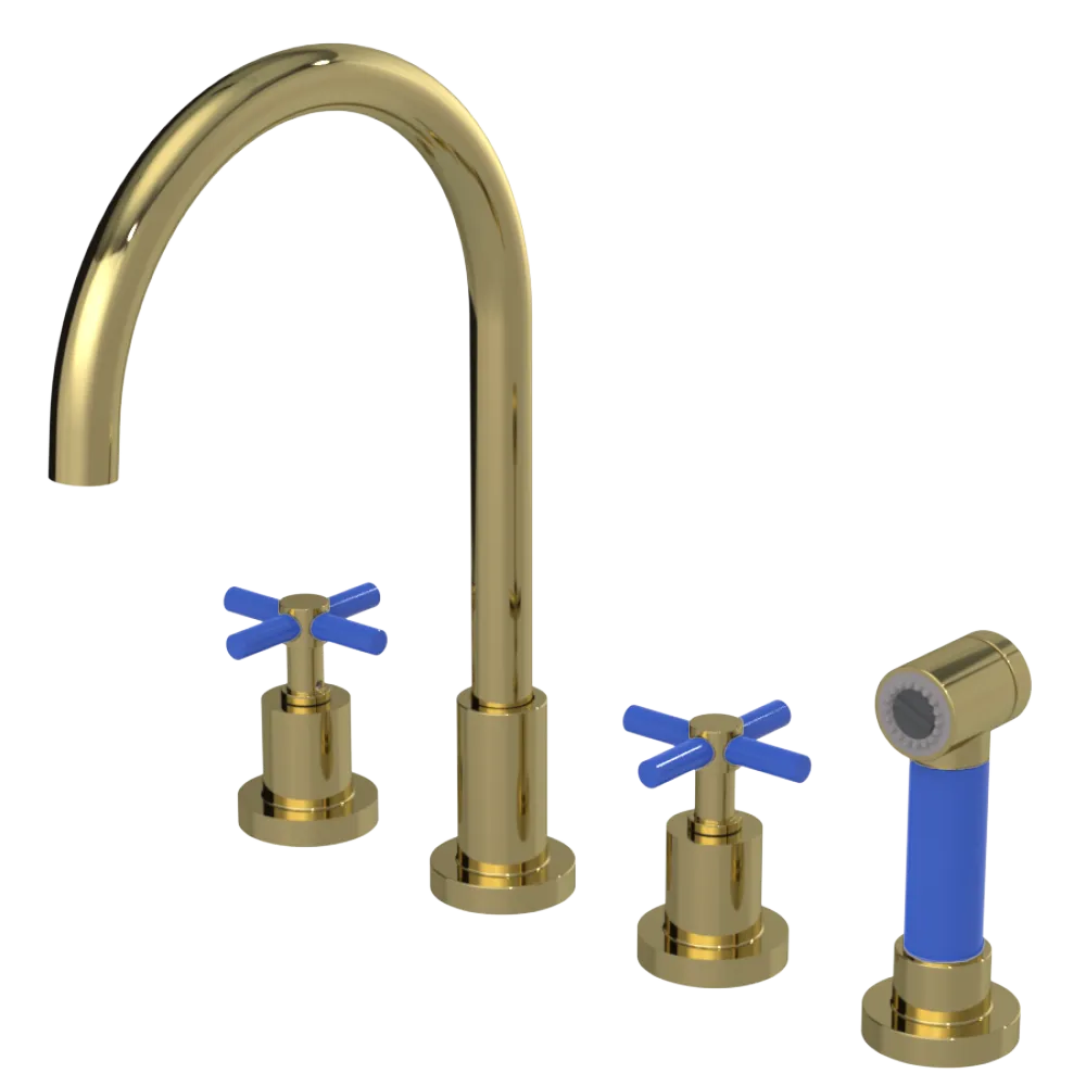Rubinet Widespread Kitchen Set with LaSalle Spout with Hand Spray Natural Brass