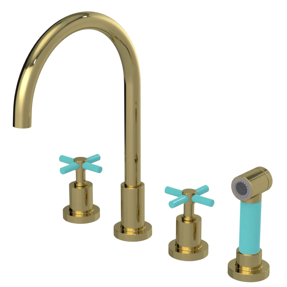 Rubinet Widespread Kitchen Set with LaSalle Spout with Hand Spray Natural Brass