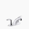 Kohler Two-handle centerset bathroom sink faucet with 0.5 gpm vandal-resistant aerator and red/blue indicator, less drain