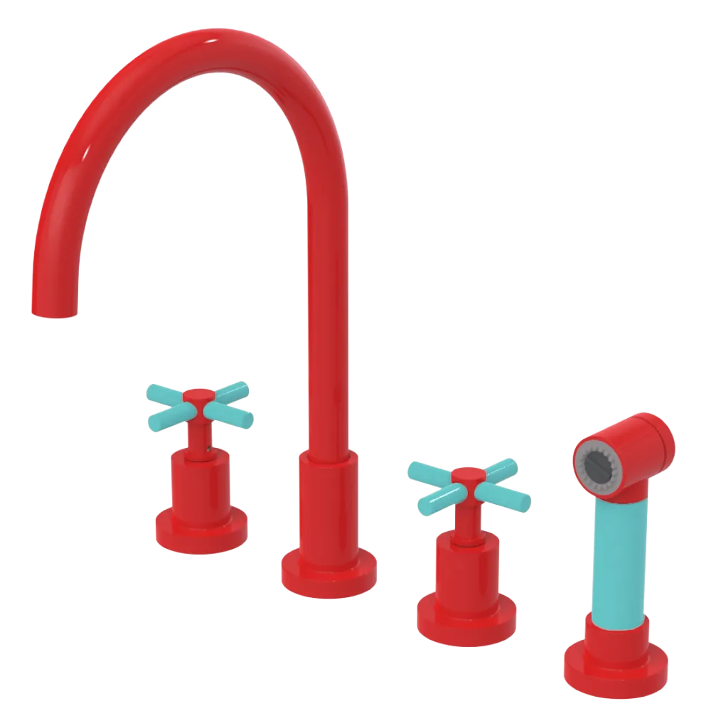Rubinet Widespread Kitchen Set with LaSalle Spout with Hand Spray Red