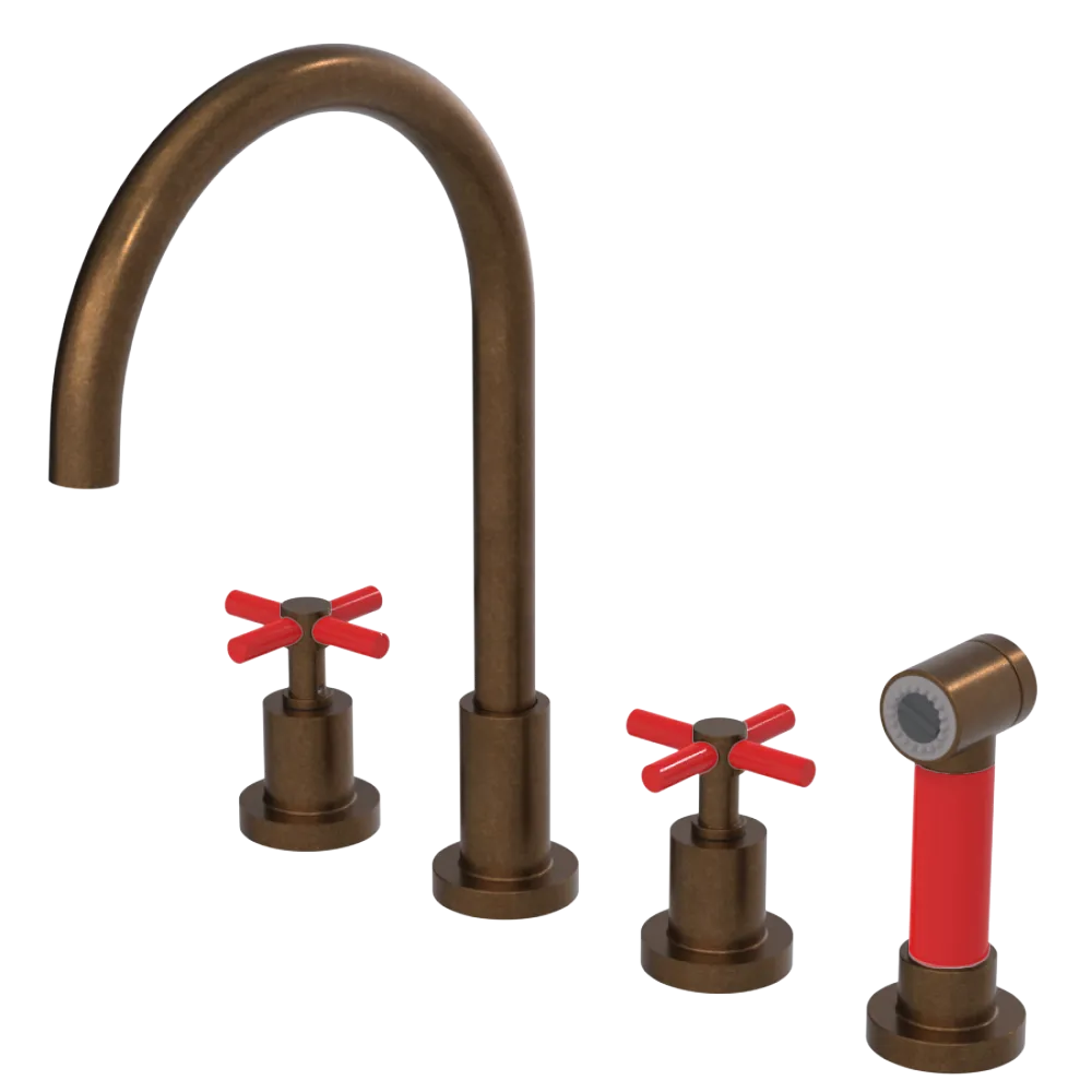 Rubinet Widespread Kitchen Set with LaSalle Spout with Hand Spray Tuscan Brass