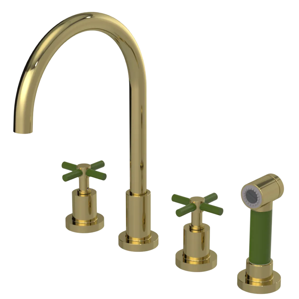 Rubinet Widespread Kitchen Set with LaSalle Spout with Hand Spray Natural Brass