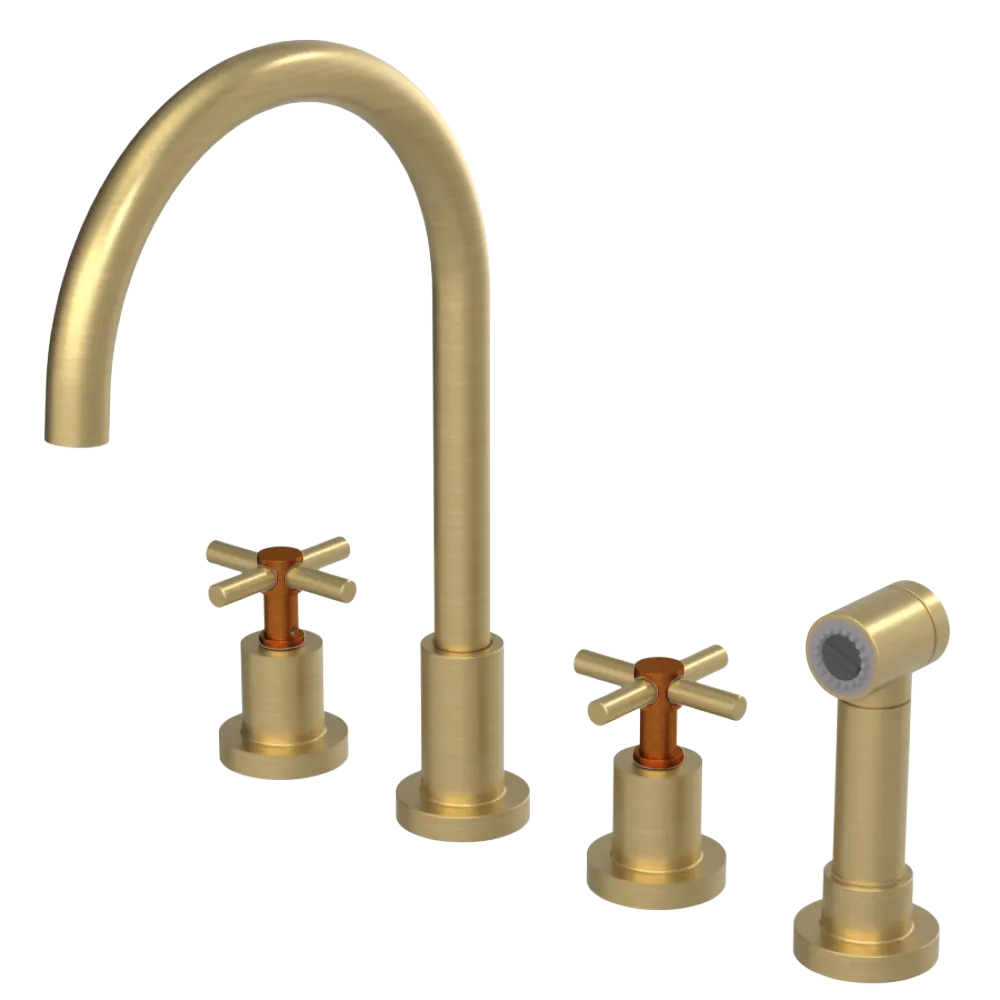 Rubinet Widespread Kitchen Set with LaSalle Spout with Hand Spray Satin Brass