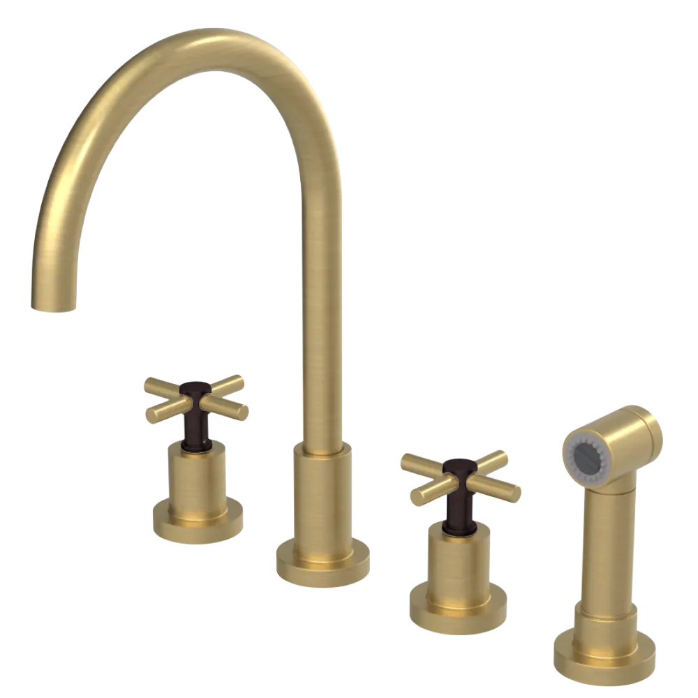 Rubinet Widespread Kitchen Set with LaSalle Spout with Hand Spray Satin Brass