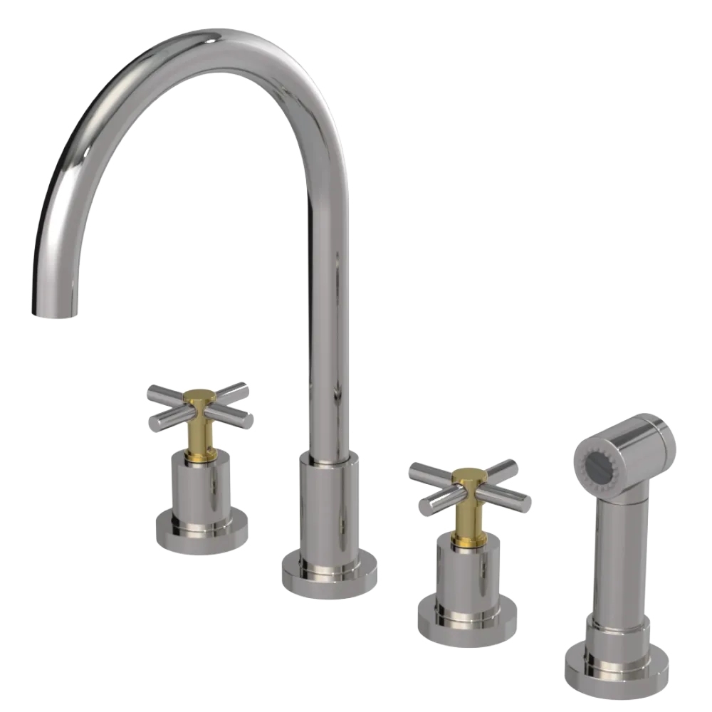 Rubinet Widespread Kitchen Set with LaSalle Spout with Hand Spray Polished Nickel