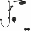 Black shower set with rain shower head, handheld shower, and control valve on a white background