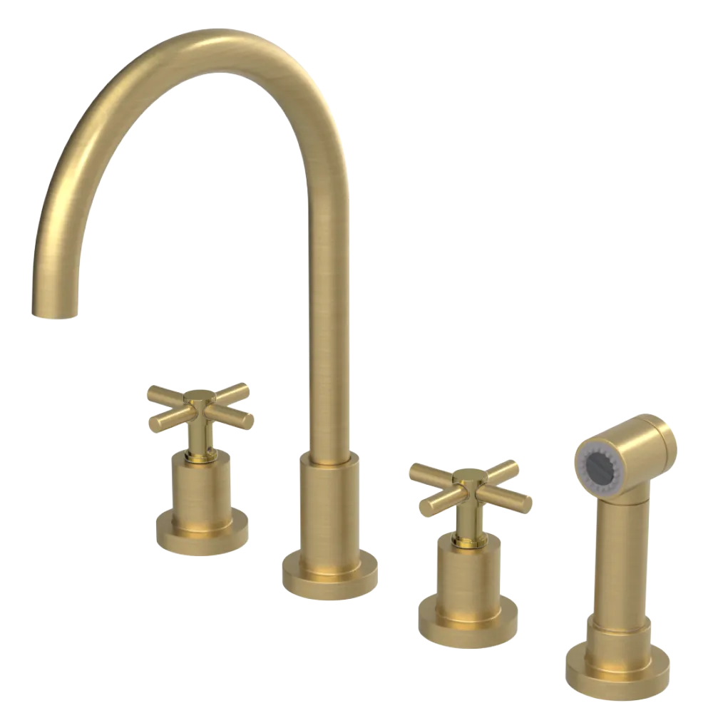 Rubinet Widespread Kitchen Set with LaSalle Spout with Hand Spray Satin Brass