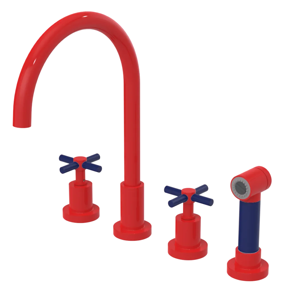 Rubinet Widespread Kitchen Set with LaSalle Spout with Hand Spray Red