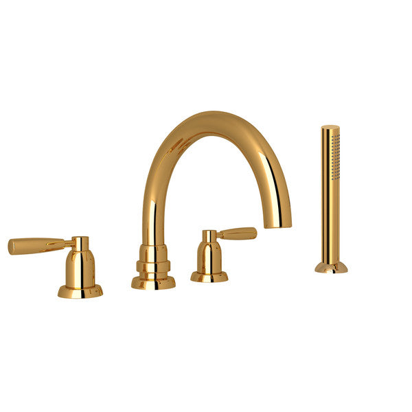 Perrin & Rowe Holborn 4-Hole Deck Mount Tubular C-Spout Bathtub Filler With Handshower - With Metal Lever Handle.3975LS
