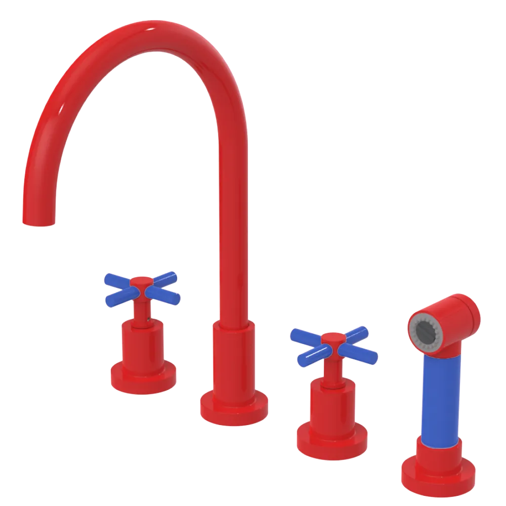Rubinet Widespread Kitchen Set with LaSalle Spout with Hand Spray Red