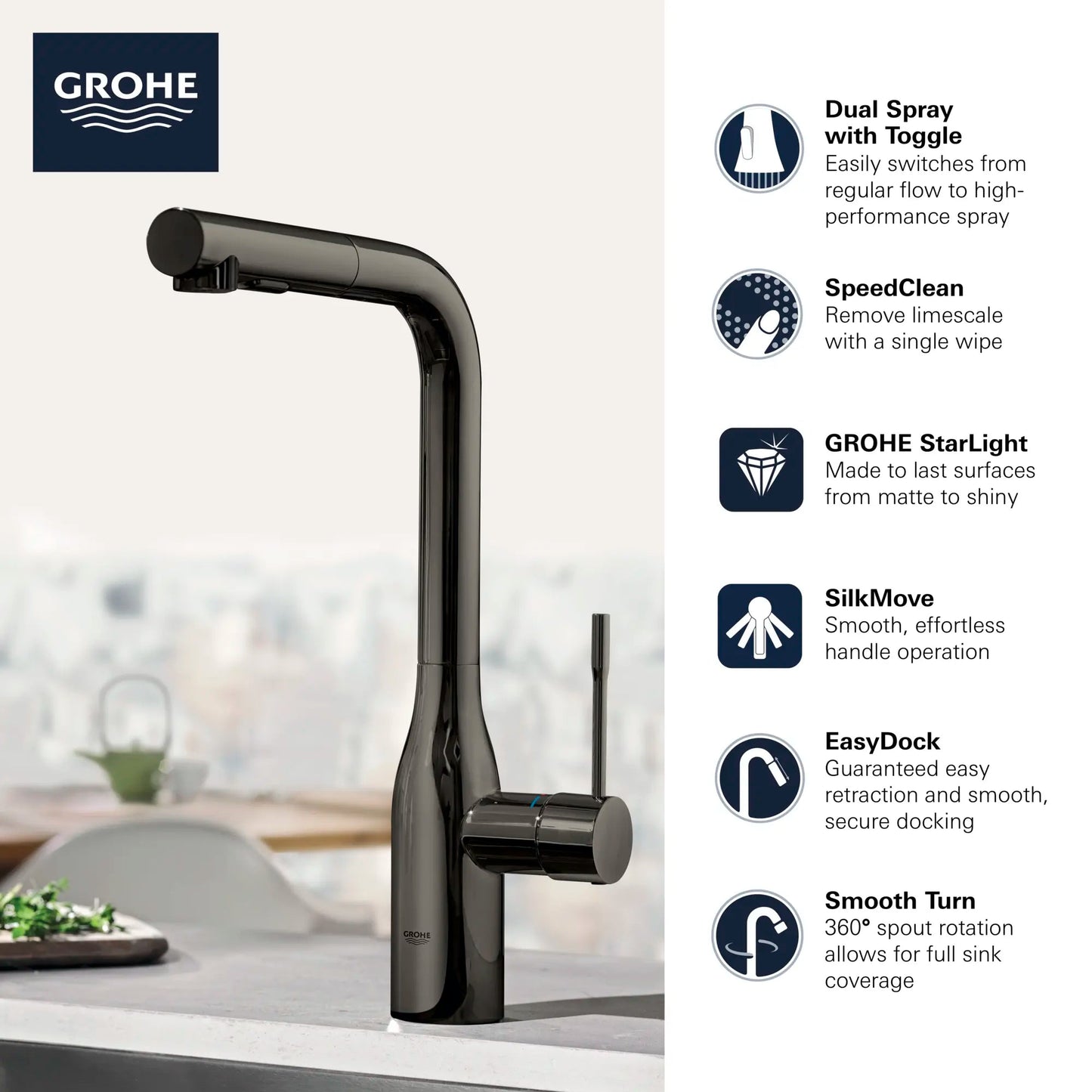 Grohe Essence New Single - Handle Pull - Out Kitchen Faucet Dual Spray 6.6 L/min (1.75 gpm) - Golzar Home