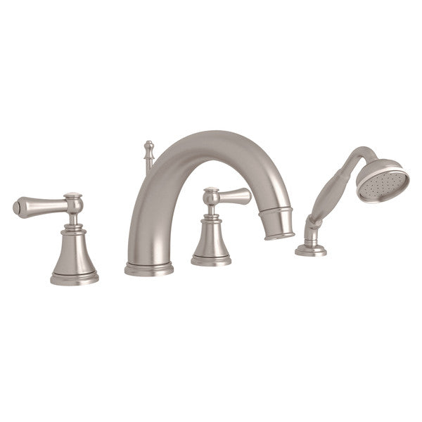 Perrin & Rowe Georgian Era 4-Hole Deck Mount C-Spout Tub Filler With Handshower - With White Porcelain Lever Handle.3648LSP