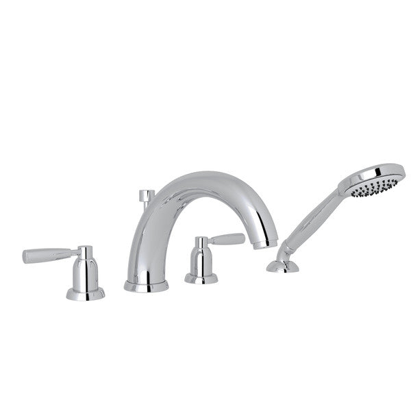 Perrin & Rowe Holborn 4-Hole Deck Mount Modified C-Spout Bathtub Filler With Handshower - With Metal Lever Handle.3848LS