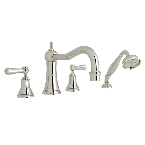Perrin & Rowe Georgian Era 4-Hole Deck Mount Column Spout Tub Filler With Handshower - With White Porcelain Lever Handle.3747LSP