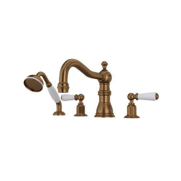 Perrin & Rowe Edwardian 4-Hole Deck Mount Column Spout Tub Filler With Handshower - With Metal Lever Handle.3745L
