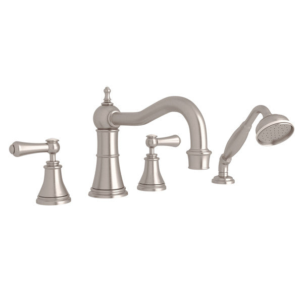 Perrin & Rowe Georgian Era 4-Hole Deck Mount Column Spout Tub Filler With Handshower - With White Porcelain Lever Handle.3747LSP