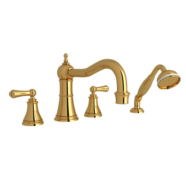 Perrin & Rowe Georgian Era 4-Hole Deck Mount Column Spout Tub Filler With Handshower - With Metal Lever Handle.3747LS