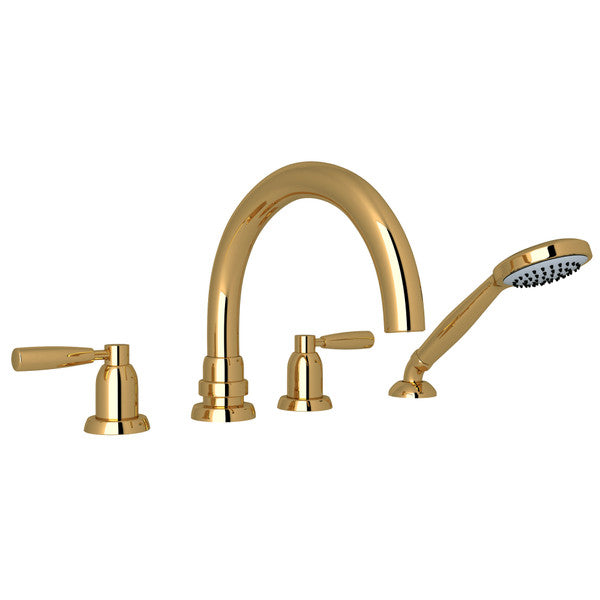 Perrin & Rowe Holborn 4-Hole Deck Mount Tubular C-Spout Bathtub Filler With Handshower - With Metal Lever Handle.3975LS