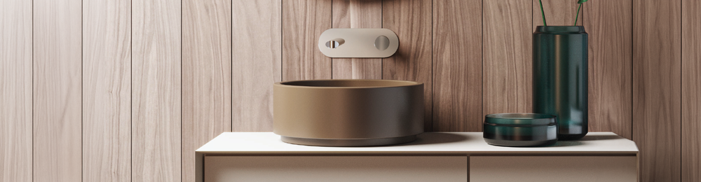 Kerasan vessel basin and wall-mounted faucet in a warm wood bathroom setting