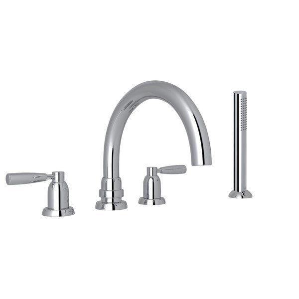 Perrin & Rowe Holborn 4-Hole Deck Mount Tubular C-Spout Bathtub Filler With Handshower - With Metal Lever Handle.3975LS
