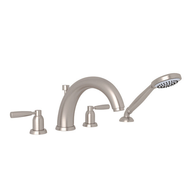 Perrin & Rowe Holborn 4-Hole Deck Mount Modified C-Spout Bathtub Filler With Handshower - With Metal Lever Handle.3848LS