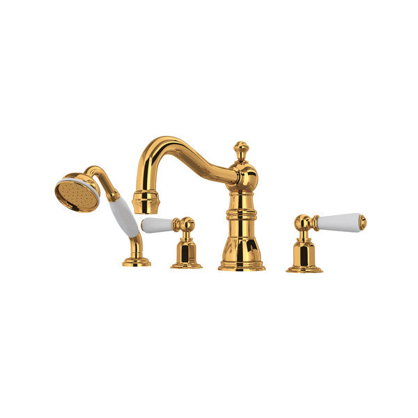 Perrin & Rowe Edwardian 4-Hole Deck Mount Column Spout Tub Filler With Handshower - With Metal Lever Handle.3745L