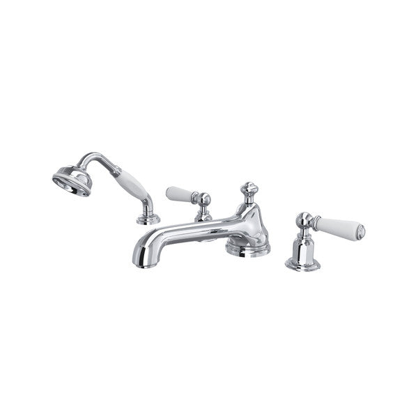 Perrin & Rowe Edwardian 4-Hole Deck Mount Low Level Spout Tub Filler With Handshower - With Metal Lever Handle.3737L