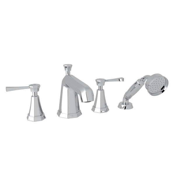 Perrin & Rowe Deco 4-Hole Deck Mount Tub Filler With Handshower - With Metal Lever Handle.3152LS