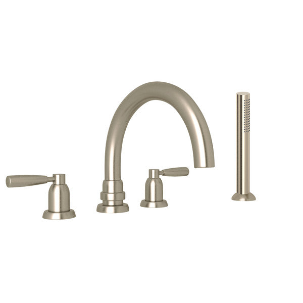 Perrin & Rowe Holborn 4-Hole Deck Mount Tubular C-Spout Bathtub Filler With Handshower - With Metal Lever Handle.3975LS