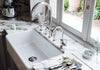 Perrin & Rowe Armstrong bridge kitchen faucet, filter faucet and soap dispenser in a Polished Chrome kitchen setting