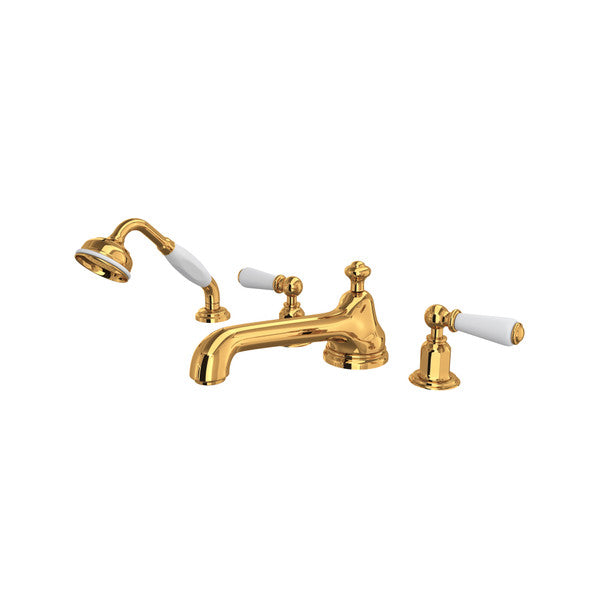 Perrin & Rowe Edwardian 4-Hole Deck Mount Low Level Spout Tub Filler With Handshower - With Metal Lever Handle.3737L