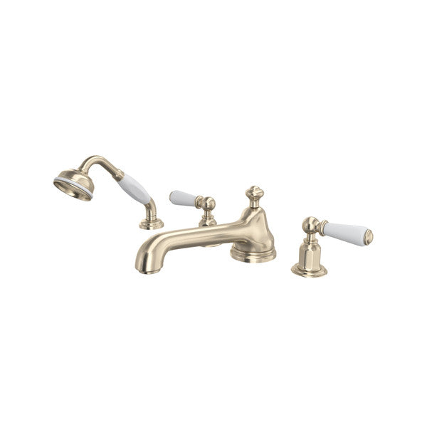 Perrin & Rowe Edwardian 4-Hole Deck Mount Low Level Spout Tub Filler With Handshower - With Metal Lever Handle.3737L