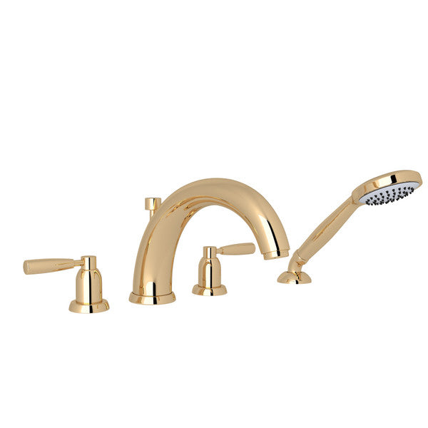 Perrin & Rowe Holborn 4-Hole Deck Mount Modified C-Spout Bathtub Filler With Handshower - With Metal Lever Handle.3848LS