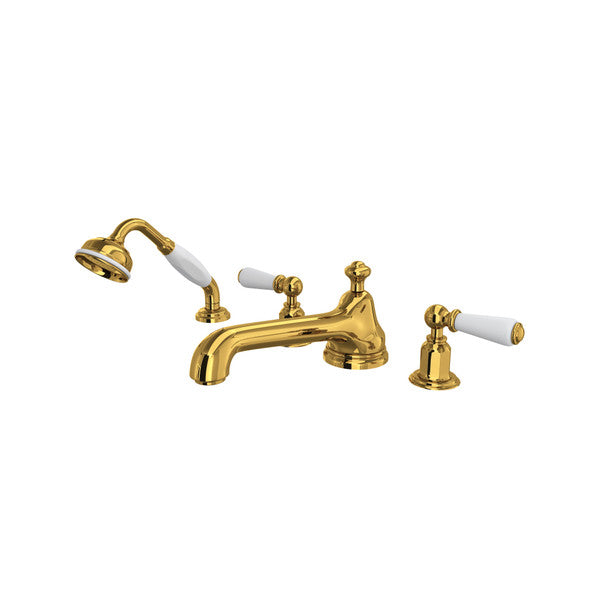 Perrin & Rowe Edwardian 4-Hole Deck Mount Low Level Spout Tub Filler With Handshower - With Metal Lever Handle.3737L