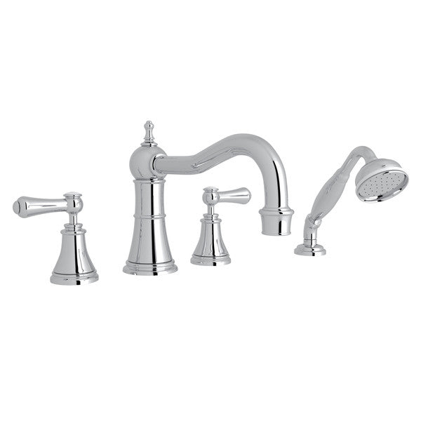 Perrin & Rowe Georgian Era 4-Hole Deck Mount Column Spout Tub Filler With Handshower - With White Porcelain Lever Handle.3747LSP
