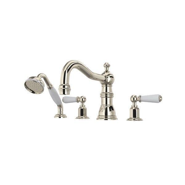 Perrin & Rowe Edwardian 4-Hole Deck Mount Column Spout Tub Filler With Handshower - With Metal Lever Handle.3745L